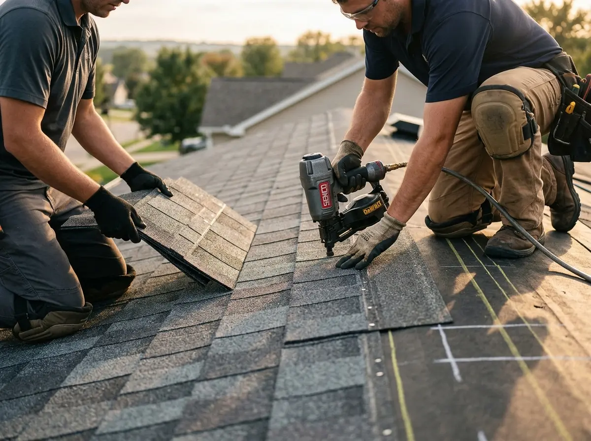 Professional roofer working on a residential roof in Gaines